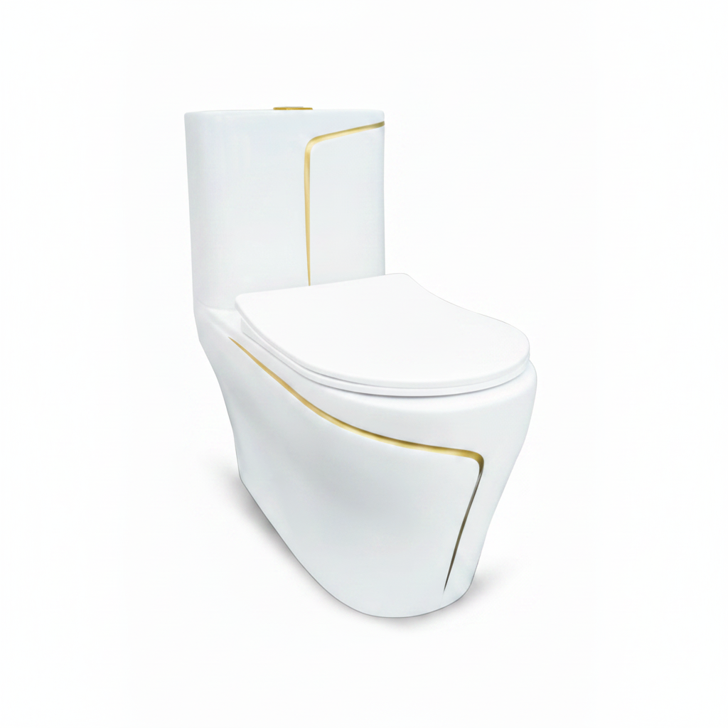 INODORO ONE PIECE ORCHID + TAPA ASIENTO Y ACCES. MINIMALISTA BLANCO C/LINEA DORADA (690X380X750) - FRATELLI PREMIUM